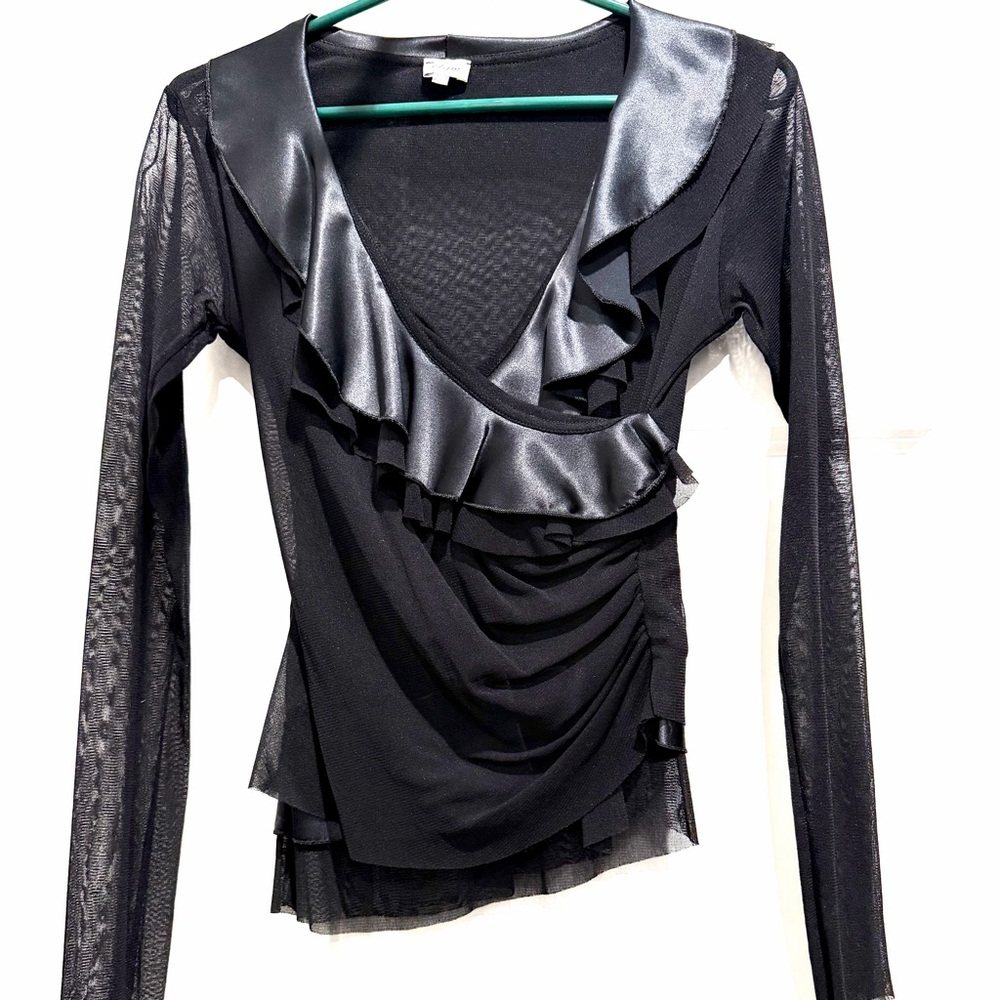 Black Ruffle V-Neck with satin ruffles and a mesh bodice and Long Sleeve.